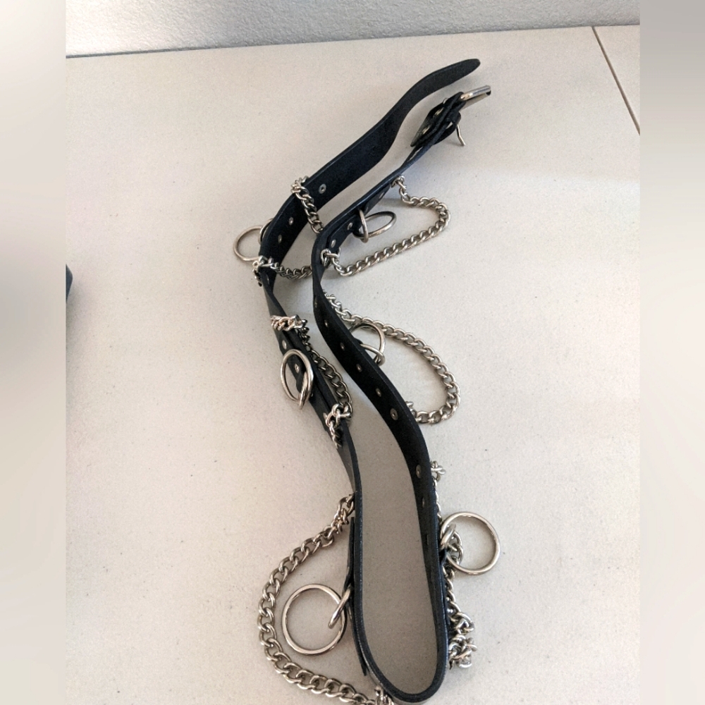 Vintage Rare Genuine Black Leather Belt Metal Chains Punk Rock Goth Academia